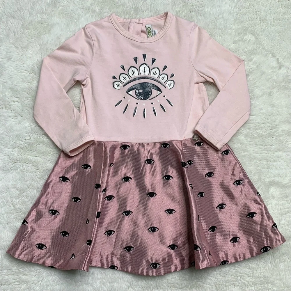 Kenzo Girls Metallic Pink Long Sleeve Pleated Eyes Print Crew Neck Dress Size 2